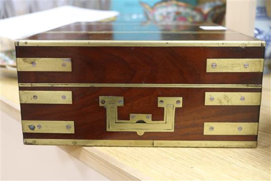 A 19th century mahogany and brass bound pistol box, adapted interior 25 x 33cm